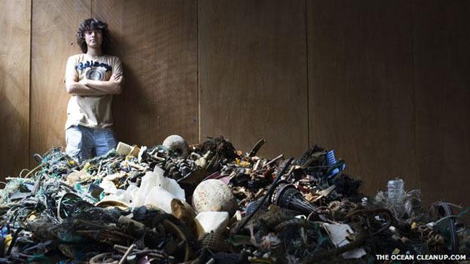 Boyan Slat with some of the ocean plastic his team have collected © TheOceanCleanUp.com